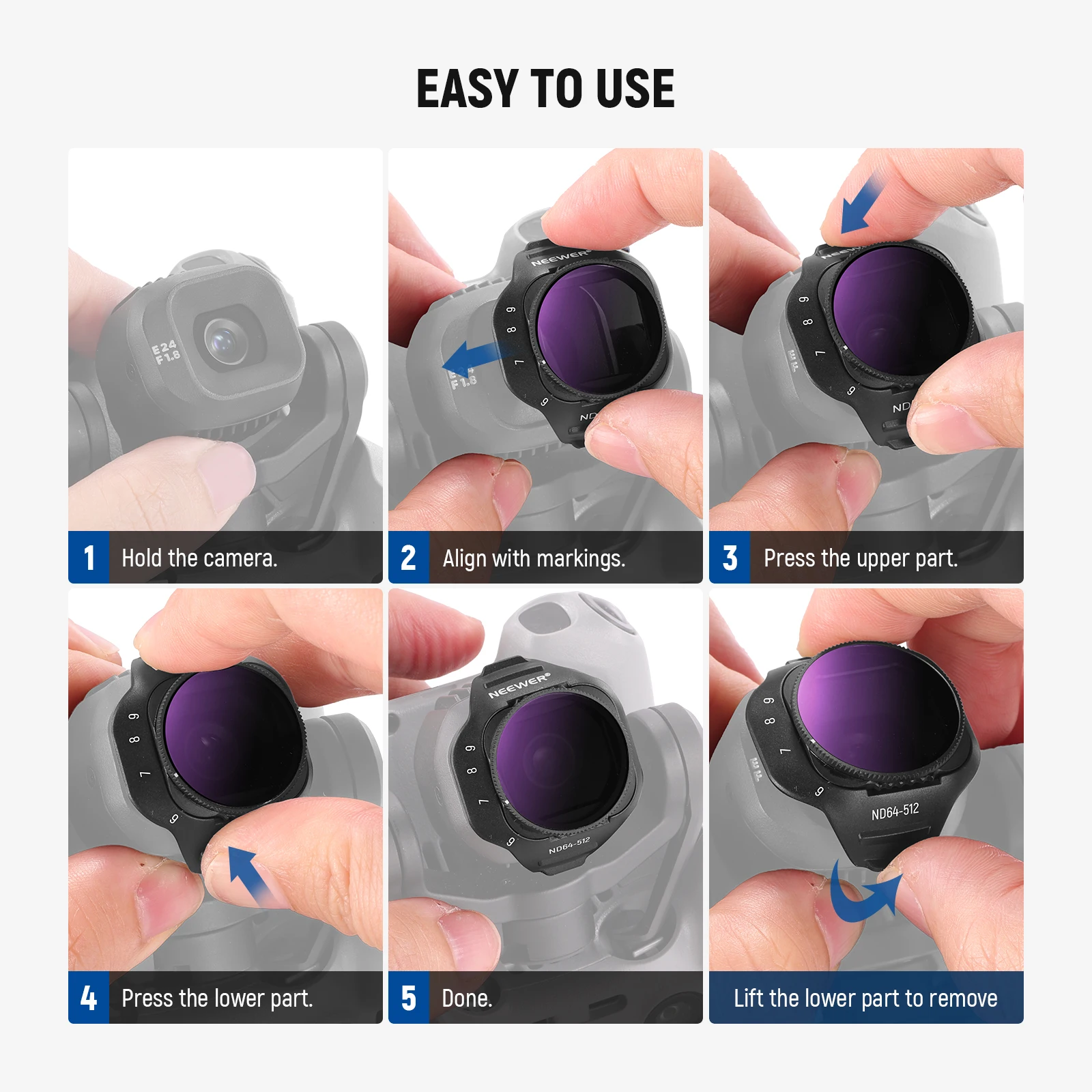 NEEWER Variables ND-Filter-Set für DJI Mini 5 Pro Drohnenkamera (ND2-32 + ND64-512), Einstellbares Neutraldichte-Optikglas – Detail 8