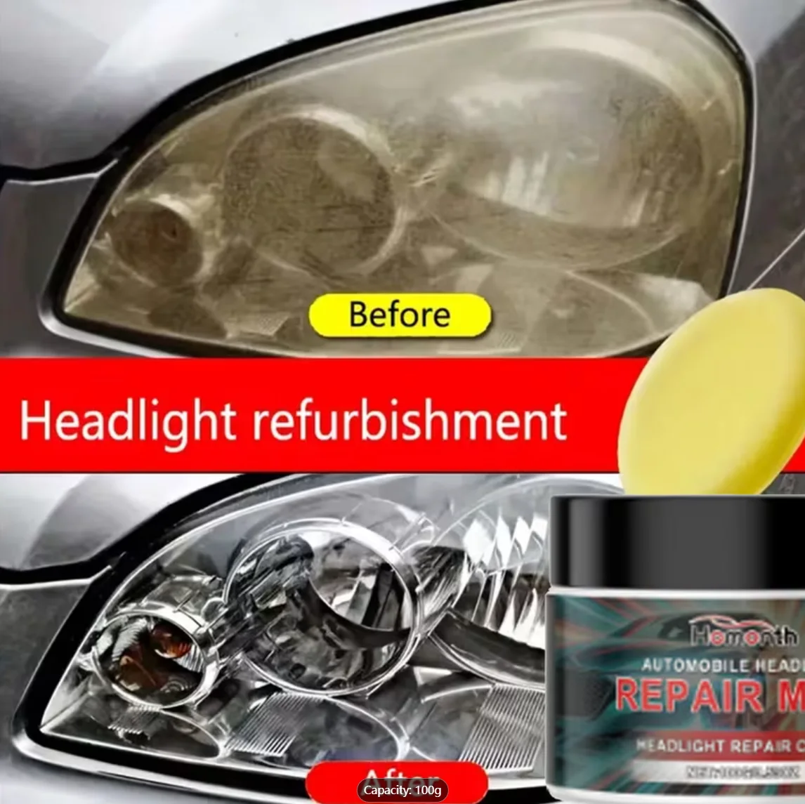 Homonth Car Headlight Repair Mask, 100g - Headlight Refurbishment Cream to Remove Yellowing & Restore Clarity, with Sponge Appli