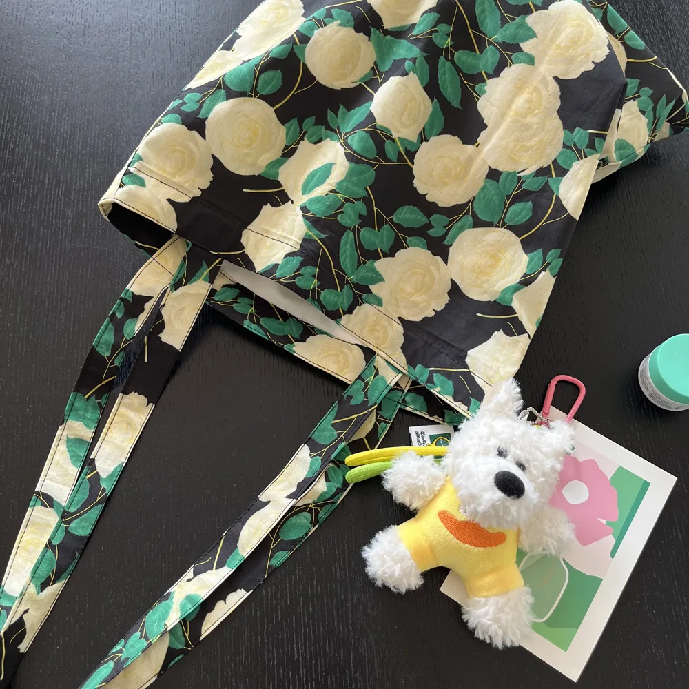 

Retro Rose Print Shoulder Bags for Women Vacation Lazy Style Ladies Cotton Floral Handbag Lightweight Travel Portable Girls Tote