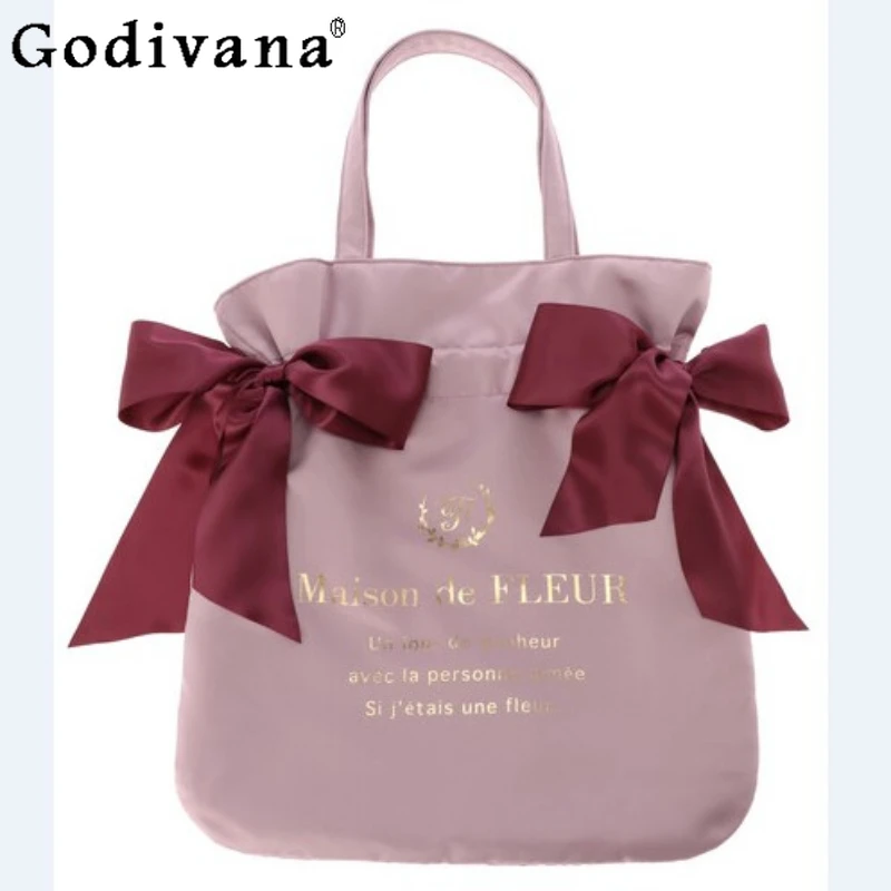 Women's Japanese Style New Satin Ribbon Drawstring Double Bow Portable Shoulder Bag for Women Sweet Large Capacity Handbags