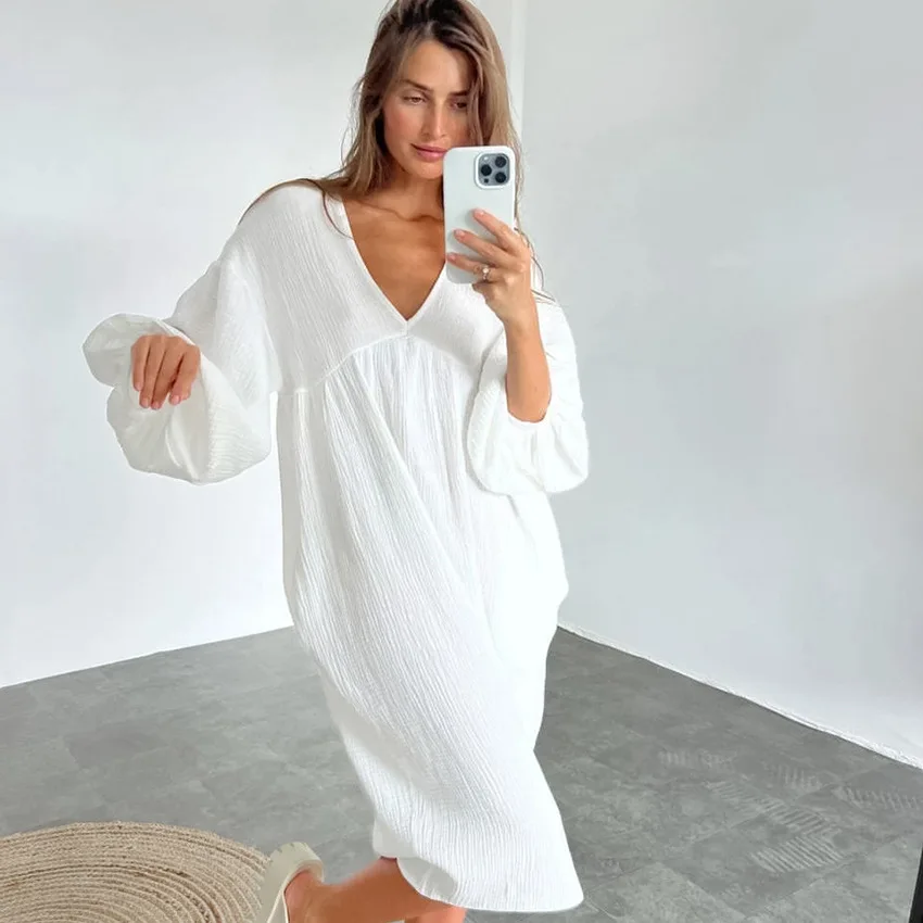 NHKDSASA Lantern Sleeve Night Dress Women Loose Sleepwear 2023 Cotton Nightgowns Elegant Sleepshirts Dresses Casual Pajamas