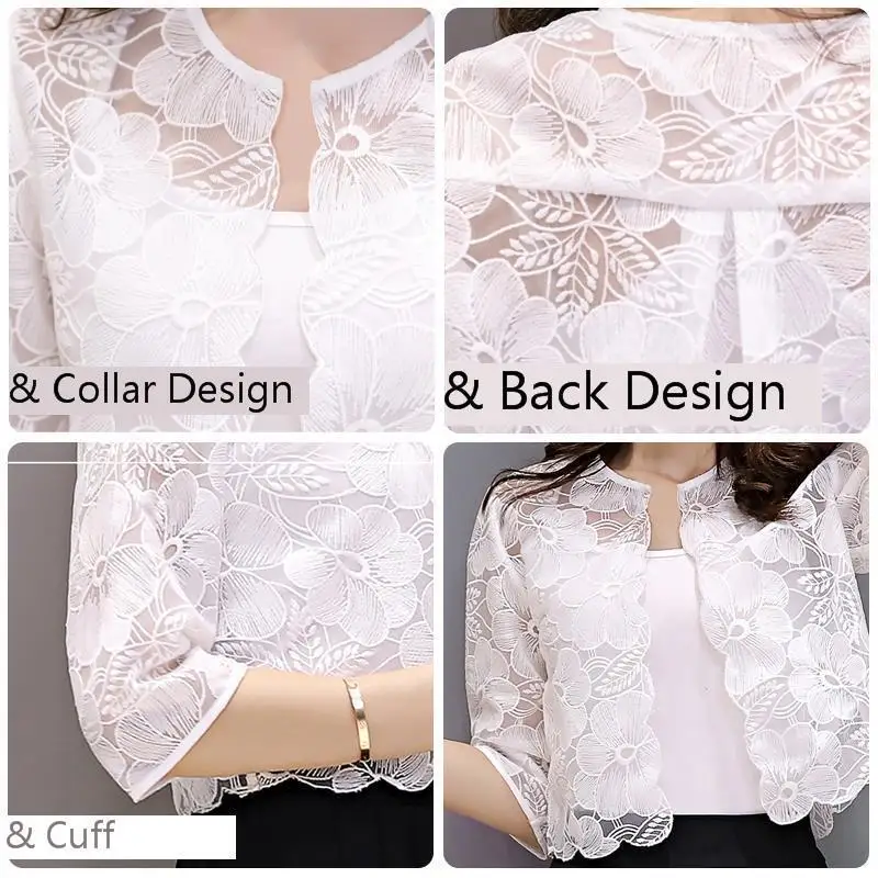 Lace Tops Women 2024 Summer Short White Cardigan Feminino Sunscreen Blouse Elegant O-neck Hollow Out Women's Shirt