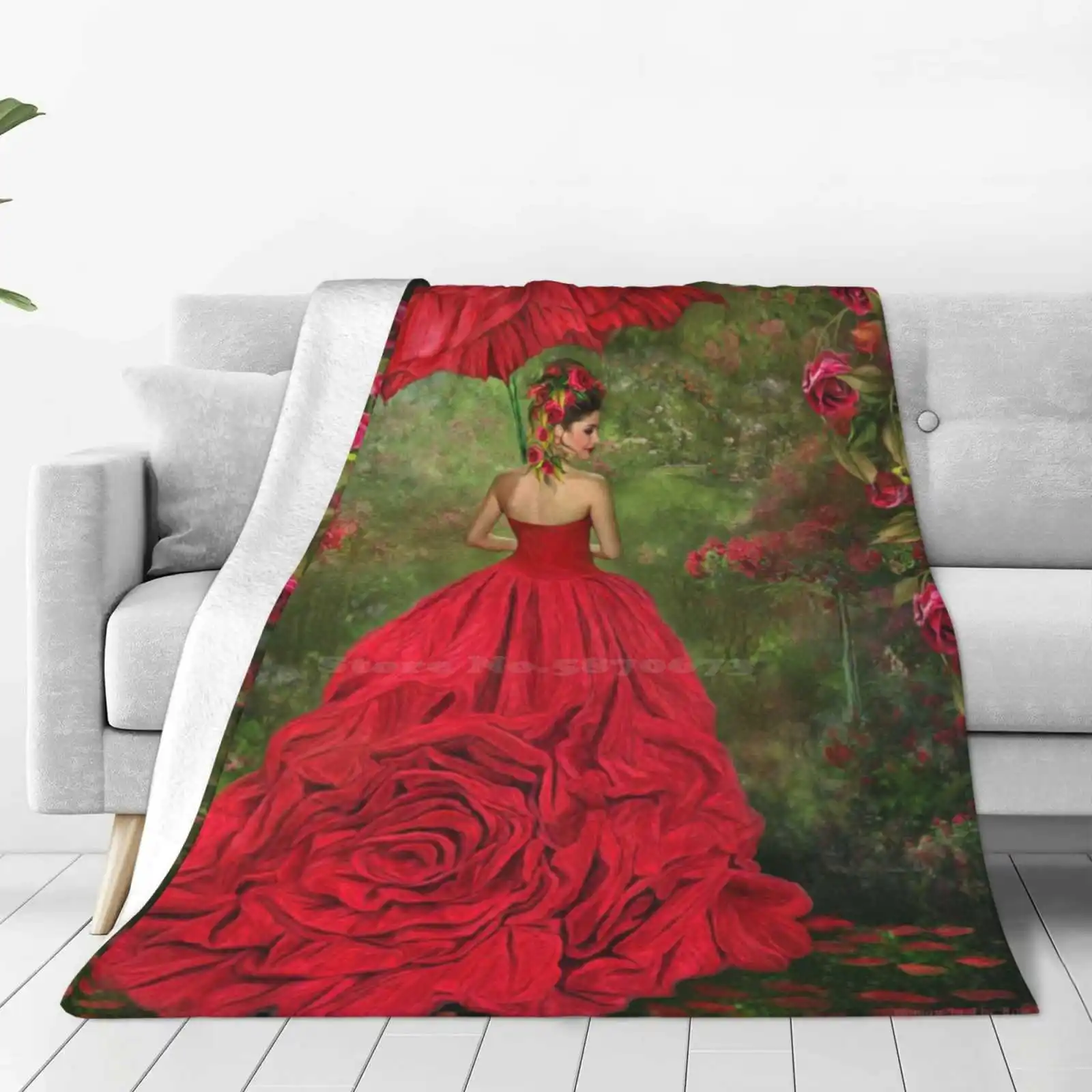 Woman In The Rose Gown Blanket Soft Warm Travel Portable Blanket Rose Garden Art Woman In Rose Art Rose Gown Art Flower Art