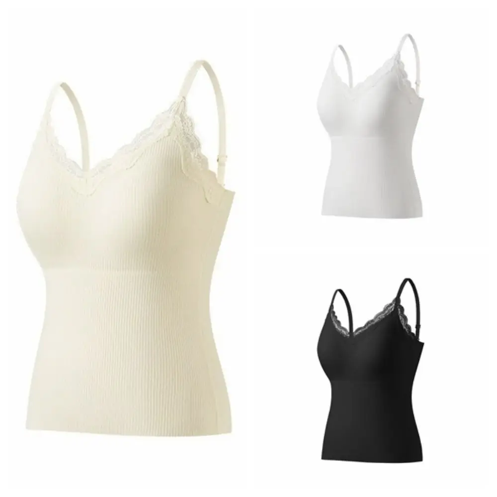 Ropa interior térmica de encaje Simple para mujer, camisola térmica ajustada con cuello en V para invierno, chaleco tejido de terciopelo sin mangas, Top cálido para Otoño e Invierno