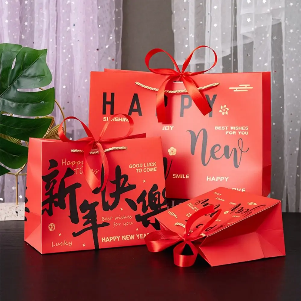 

Durable Paper Gift Packing Bag Bow Ribbon Portable Clothing Handle Bag Convenient Red New Year Gift Bag Spring Festival