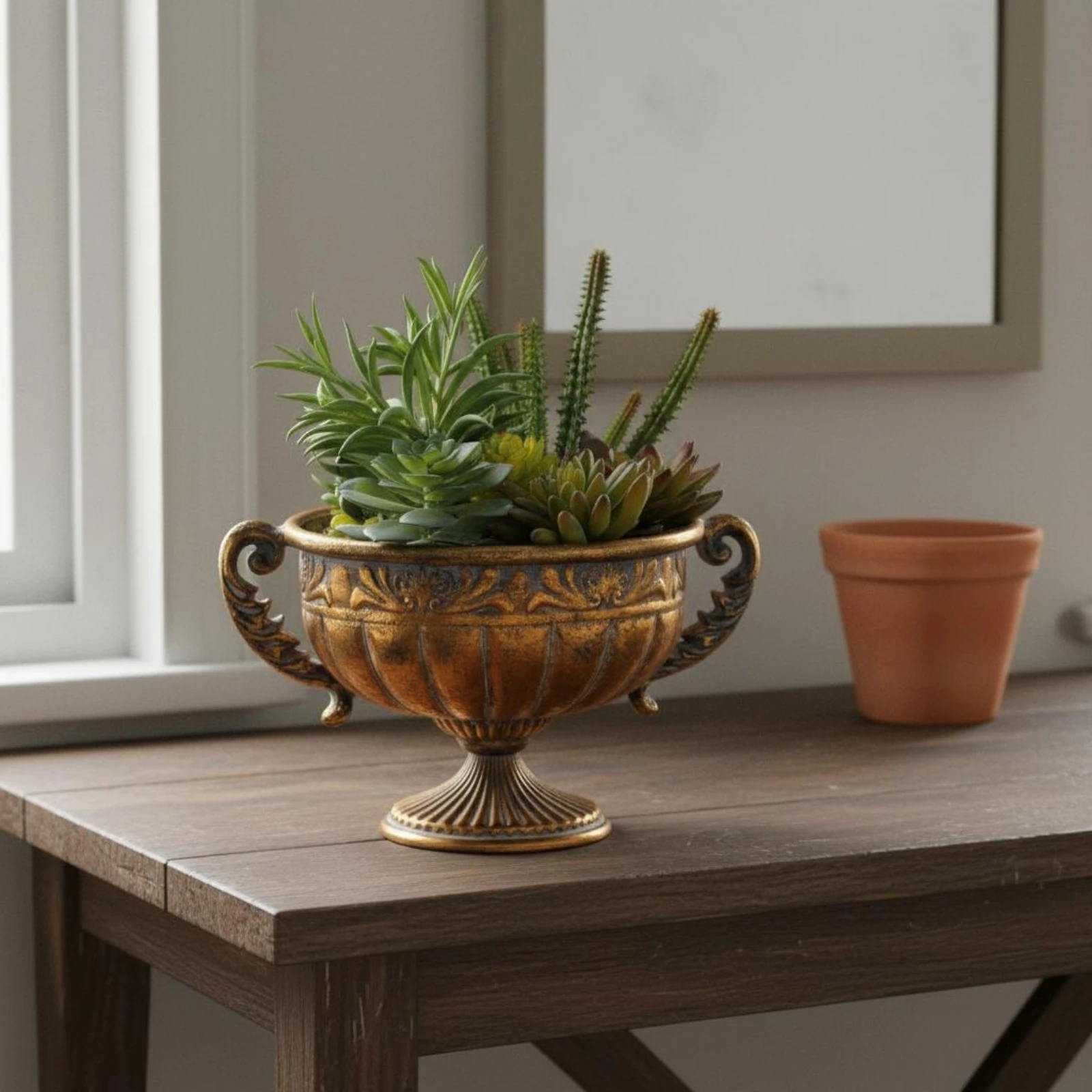 

Vintage Goblet Vase Gold Color Pedestal Vase Ornate Pedestal Pot European Design Metal Urn Planter Artisanal Look for Tabletop