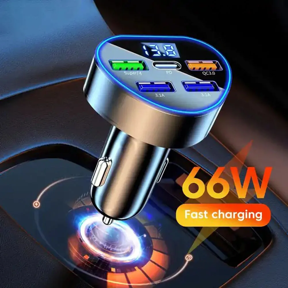 LED Display Multi Port Car Charger Compatible with Various For Samsung Devices Quick Charge Technology Enabled