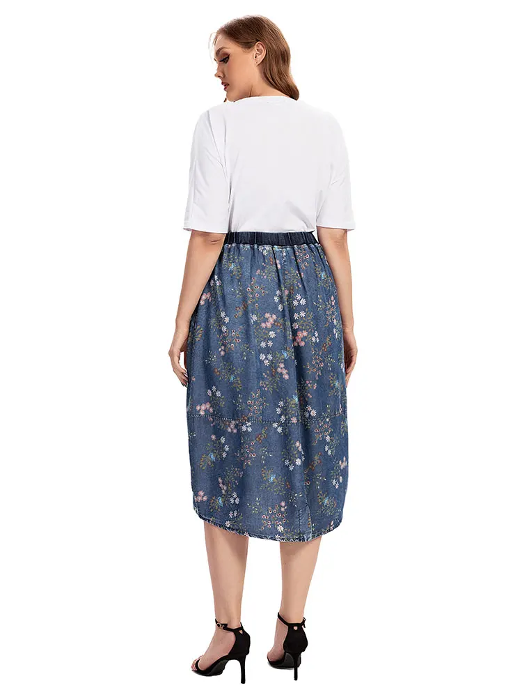 Saia jeans casual feminina plus size cintura alta linha na altura do joelho azul vintage saias largas para mulheres plus size