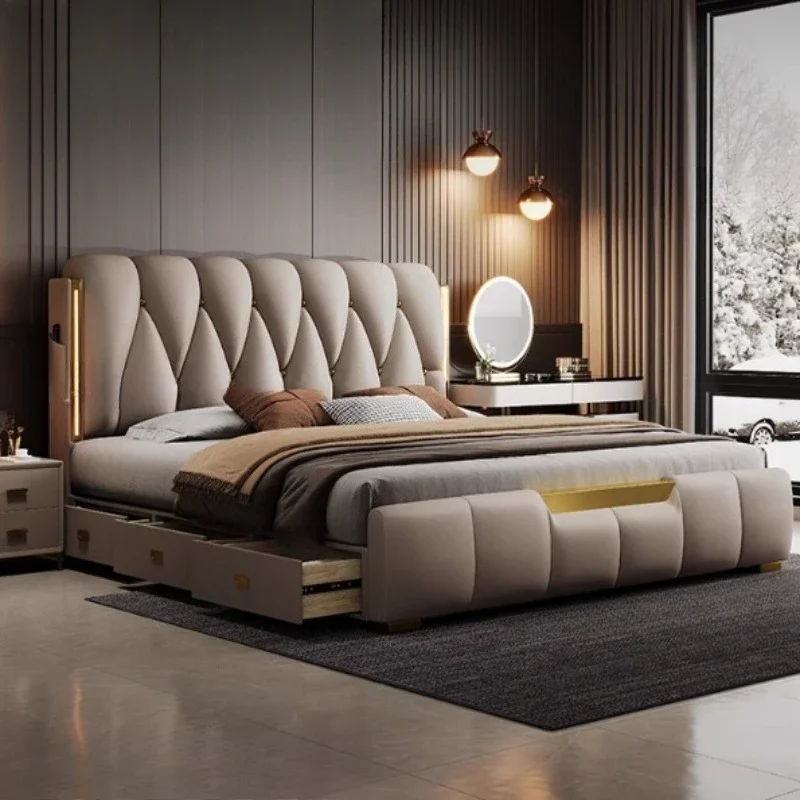 2.0x2.2m High-end Wedding Bed 3 Drawers Storage Italian Napa Leather Double 2 People Frames King Size Queen Bedroom Furniture