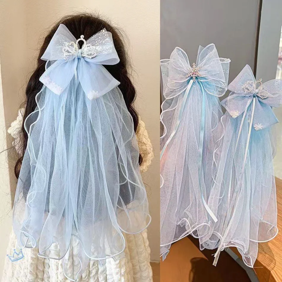 

Корейская корона принцессы с большим бантом для девочек, длинная сетчатая тиара, детская милая корона, поплавковая пряжа, заколка для волос, вуаль для девочек, аксессуары для волос HP01