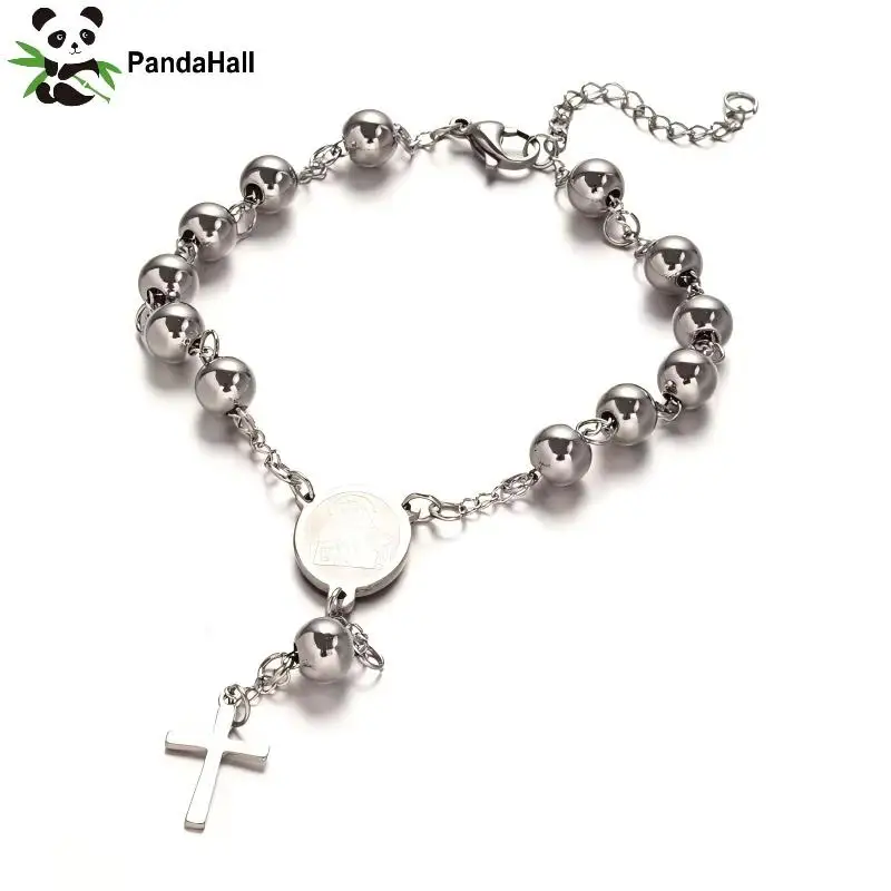 PandaHall Rosary Bead Bracelets with Cross 304 Stainless Steel Bracelet for Easter Flat Round with Virgin Mary Jewelry