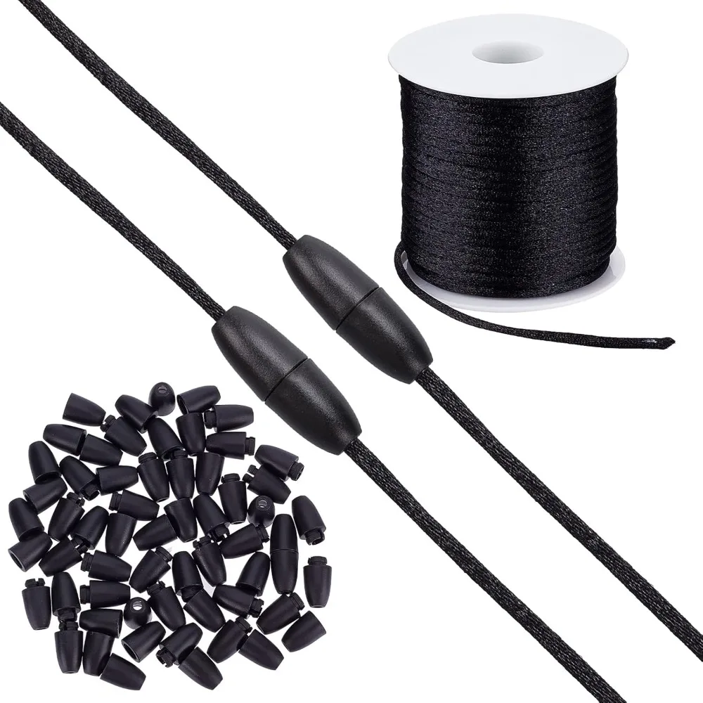 30Sets Black 23M Rattail Satin Cord Nylon Silky Lanyard Cords with Clasp Plastic Breakaway Safety Clasps Bulkle for Necklaces