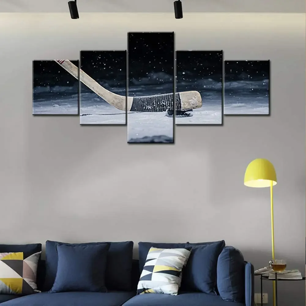 Unframed 5Pcs Hockey Stick and Puck Sliding Sport Canvas HD Posters Wall Art Picture Paintings for Living Room Office Home Decor