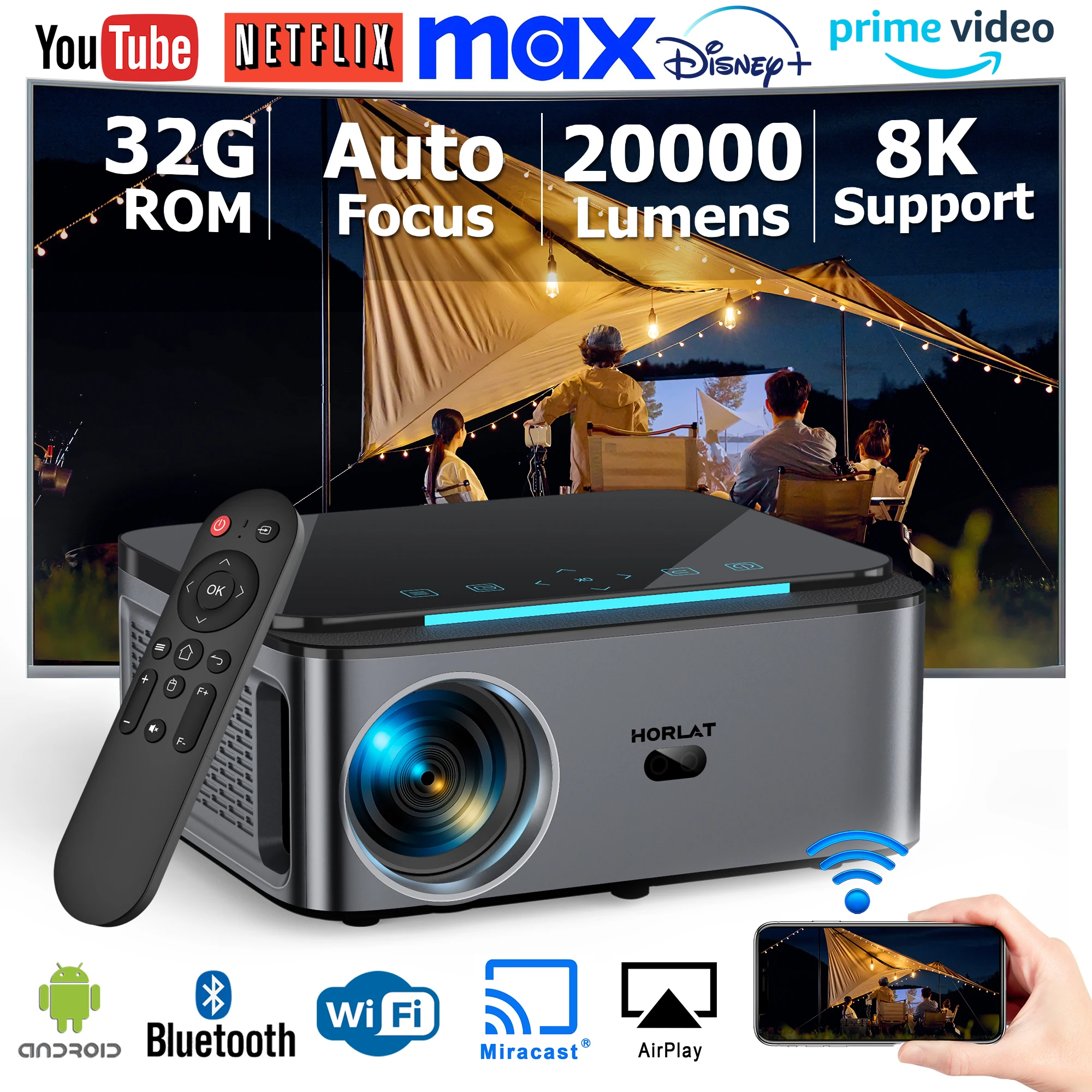 

HORLAT 20000Lumens Android Beamer Projector Full HD 1080P 4K Video Auto Focus& Keystone Home Theater 5G WiFi Portable Proyector