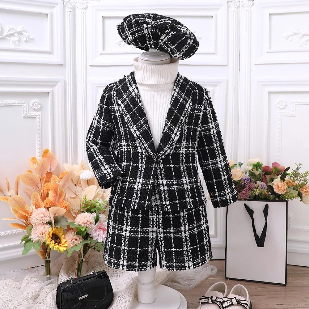 2024 Clothing Set Girls Long Sleeve Turn-down Collar Plaid Black Pants 2 Pcs Sets Casual Girls Clothes Set 2-7T