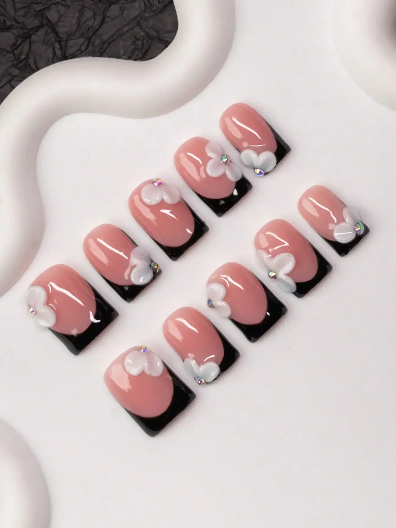 10pcs Square Shaped Handmade Nail Tips, Y2K Baddie Style, Nude & Black Color With French Tips & Carved Designs, Suitable For Wom