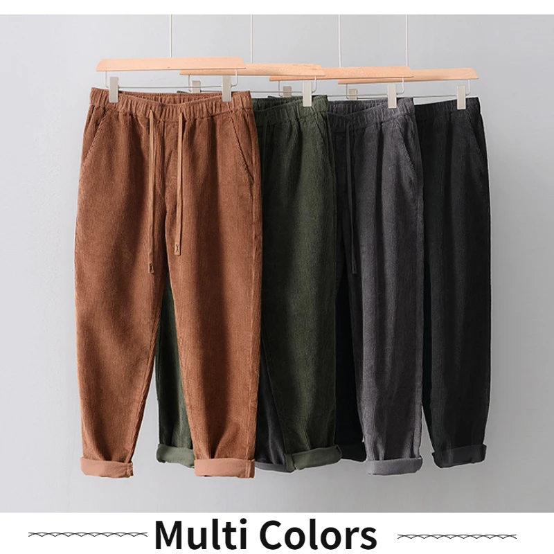 Autumn Winter New Vintage Corduroy Straight Leg Pants 100% Cotton Men Embroidered Young Baggy Suede Trousers BL8235