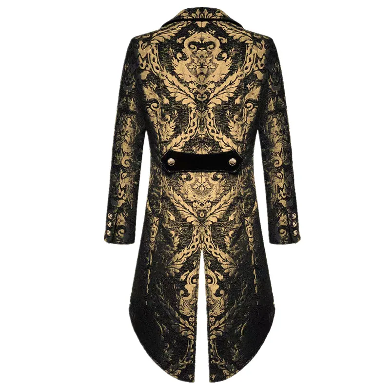 Classic Luxury Men Court Wedding Banquet Jacquard Tuxedo Jacket Black / Gold Fashion Male Prom Party Long Blazers Jacket