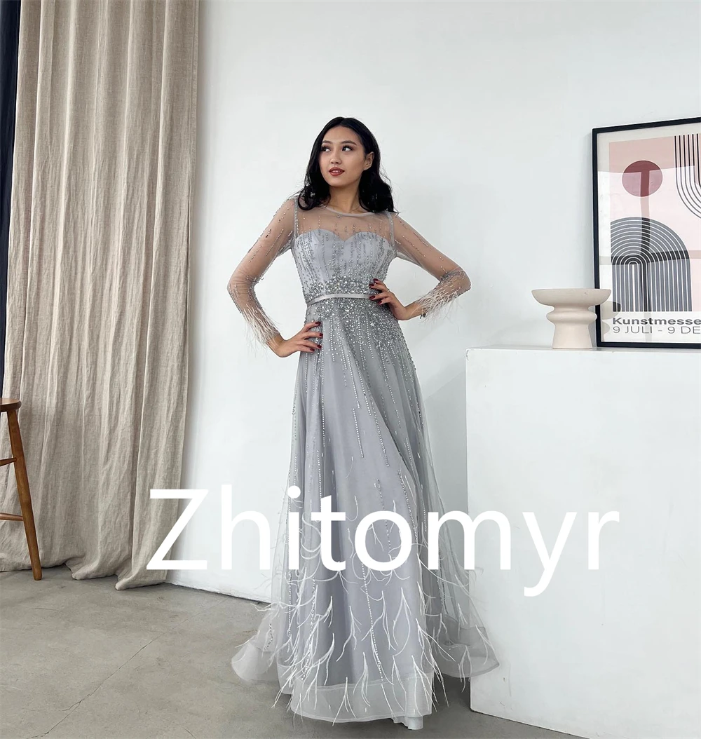 Jiayigong  Sparkle Matching Jewel A-line Party  Beading Feathers Tulle Anke Length Charmeuse Evening