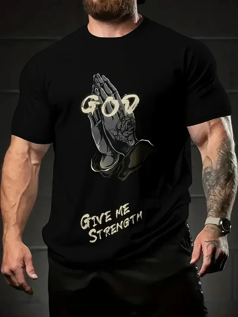 Men's God Give Me Strength Print T-Shirt Prayer Hands Crew Neck Short Sleeve Inspirational Streetwear Breathable Tops