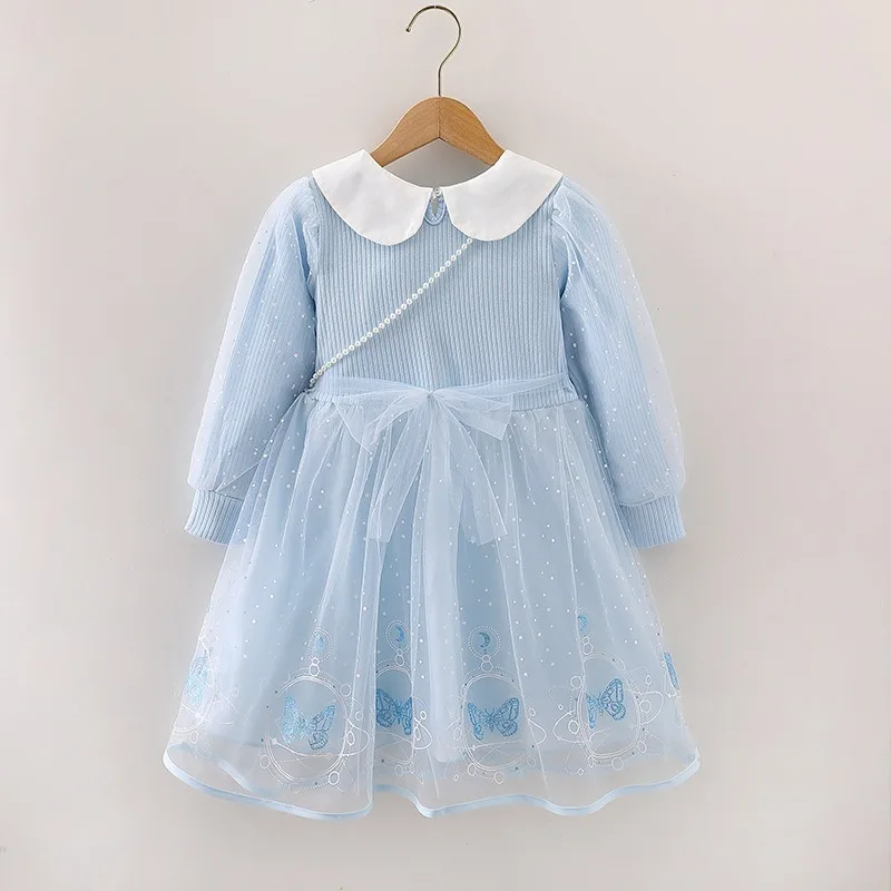 Disney Frozen Girls Dress With Bag Long-sleeved Princess Dress for Children Gauze Kids Dress Elsa Anna Birthday Party Clothes