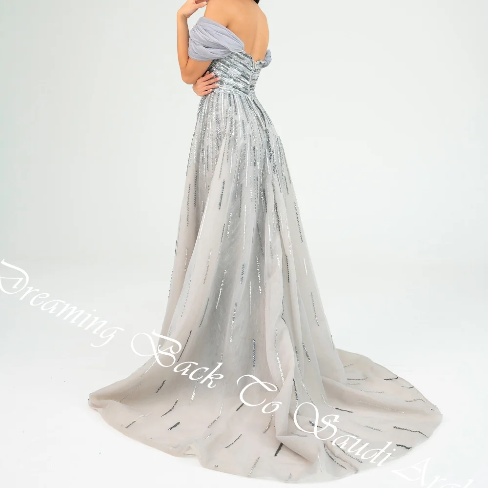 Temperament  Ruched Boat Neck Floor Length Straight Evening Dress Organza Off the Shoulder Zipper Back Sweep Train فساتين سهرة