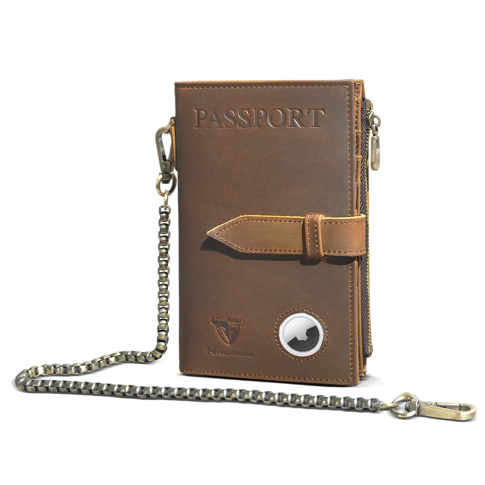 

Quality Leather Functional RFID Blocking Passport Holder Case Travel Bifold Snap Chain Safety Wallet For Men Male 2804