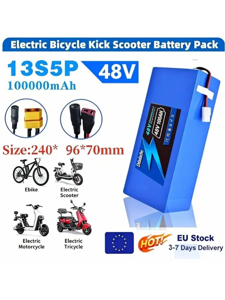 48V 100Ah 13S5P Lithium-Batteriepack mit BMS für Elektromobilitätswerkzeuge 500W 750W 1000W + 54,6V 2A Ladegerät Mobilitätsroller-Batterie