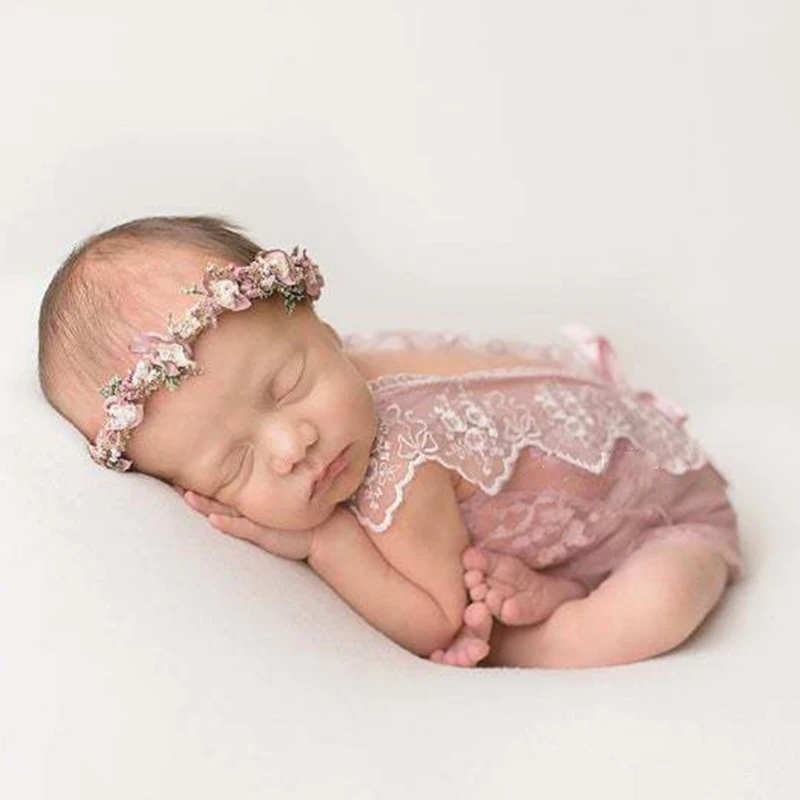 

L5YF Baby Lace Romper Headband Set Newborn Photography Prop Bodysuit Flower Hair Band