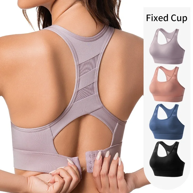 High Impact Fixed Cup Sports Bra Racerback Workout Bra Shockproof Running Yoga Bra Seamless Supportive Gym Top for Women