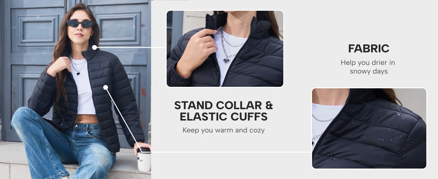 TACVASEN Winter Quilted Puffer Jackets Womens Lightweight Stand Collar Full Zip Up Down Coat Windproof 4 Pockets Thermal Outwear