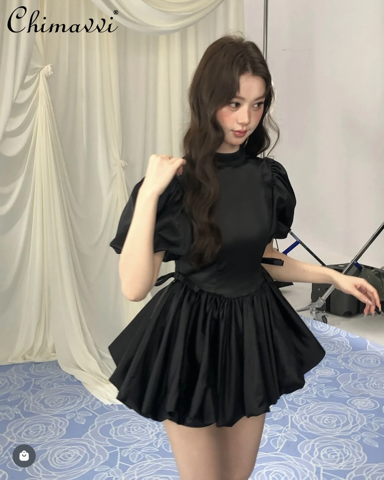 Japanese Sweet Sexy Backless Satin Short Princess Dress 2025 New Fashion Bubble Sleeve Slim Birthday Party Puffy Dress Women