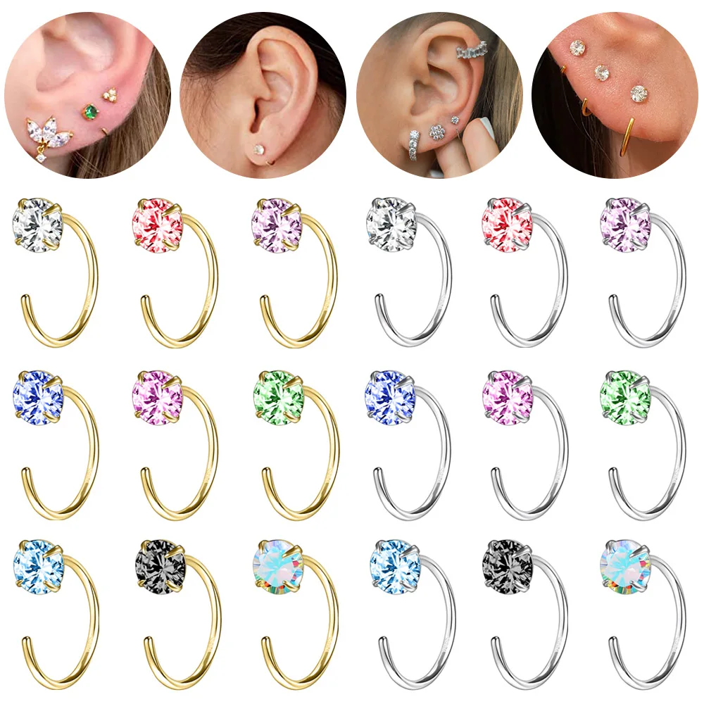 ZS 1Pair 20G Gold Plated Open Hoop Earring 925 Sterling Silver Tiny Huggie Hoop Colorful Crystal Cartilage Piercing Earrings