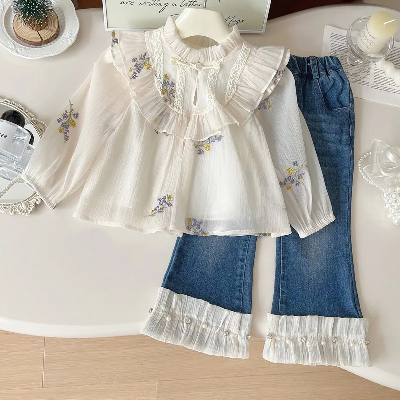 

2024Girls' Shirt Long Sleeve Autumn New Style Baby Girls' Western Style Lace Slightly Flared Jeans Combination Suit Fashion