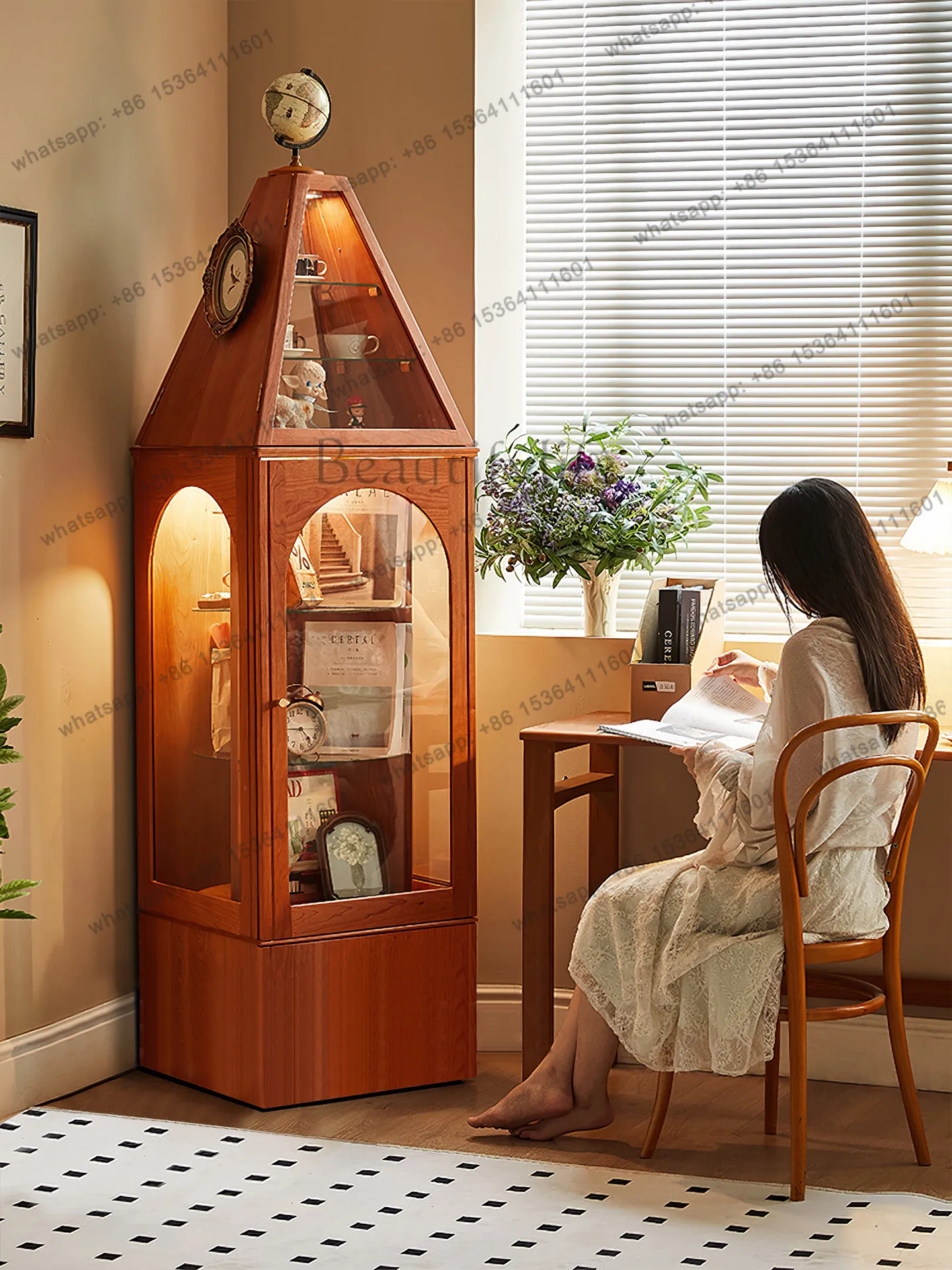 

Retro cherry wood living room castle rotating bookshelf figure electric corner multi-functional multi-sided display cabinet