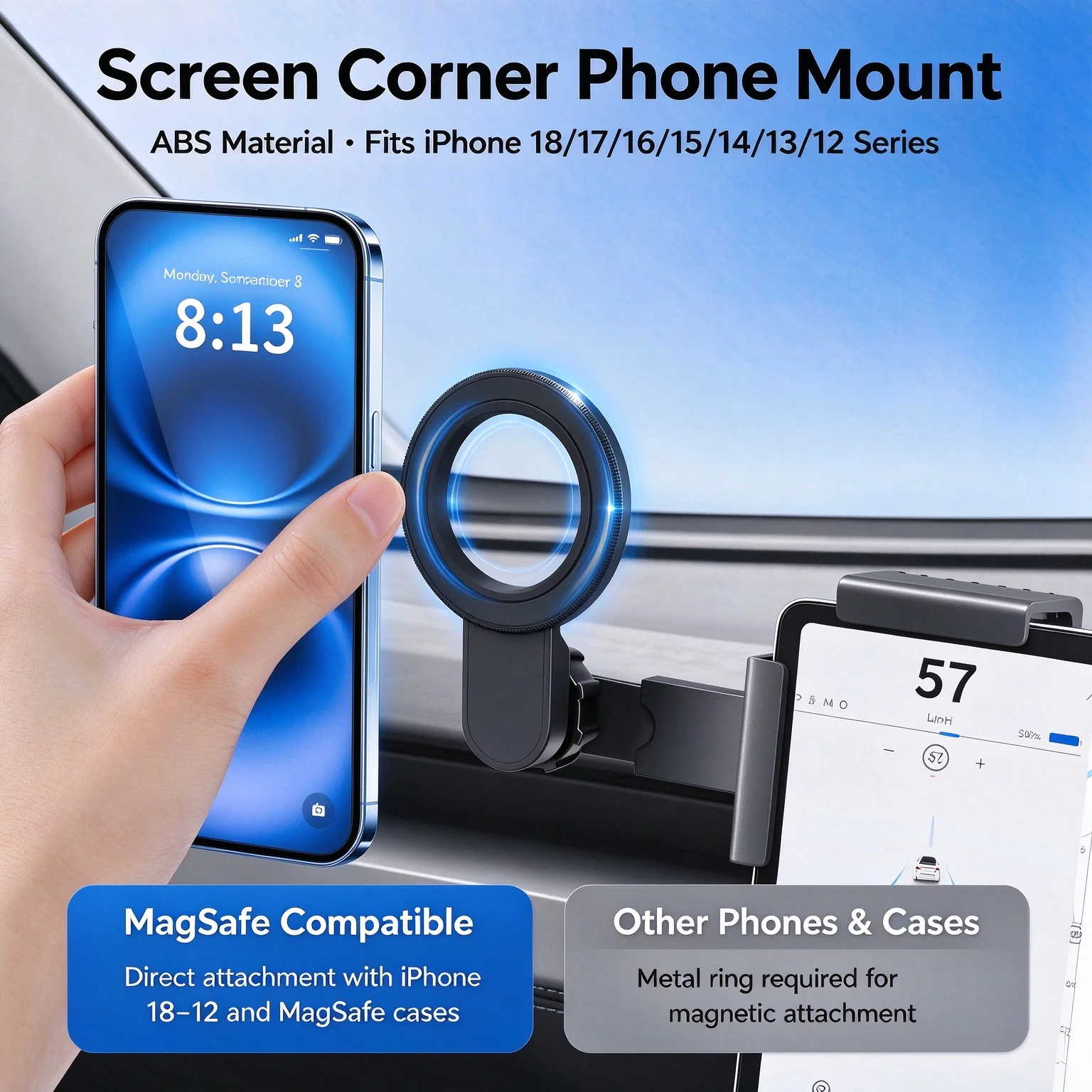 Screen Corner Magnetic Magsafe Phone Mount ABS Matte Finish Hands‑Free Car Navigation Holder Stand For Tesla Model 3 Y S X Inter