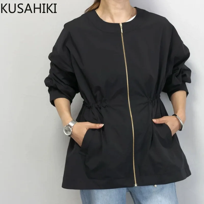 KUSAHIKI 2024 New Autumn Winter Clothing Japanese Korean Versatile Drawstring Jacket Solid Slim Waist Round Neck Coat