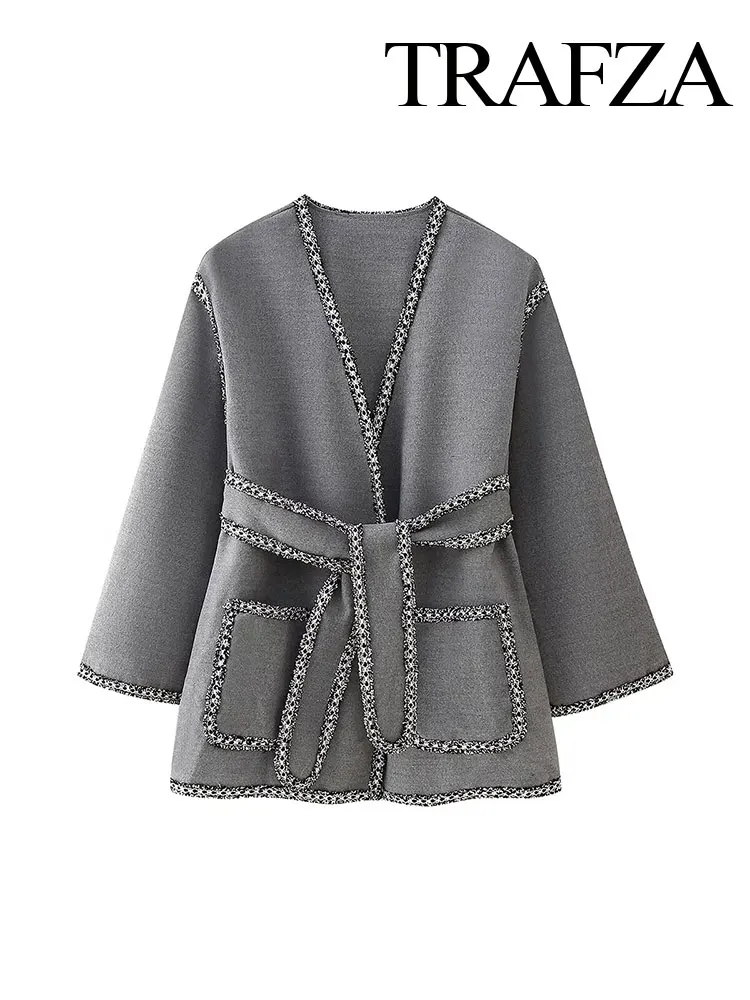 TRAFZA Chic Small Fragrant Style Webbing Decorated Women\'s Pocket Coat Elegant Women\'s Winter Double-sided Woolen Coat Y2K