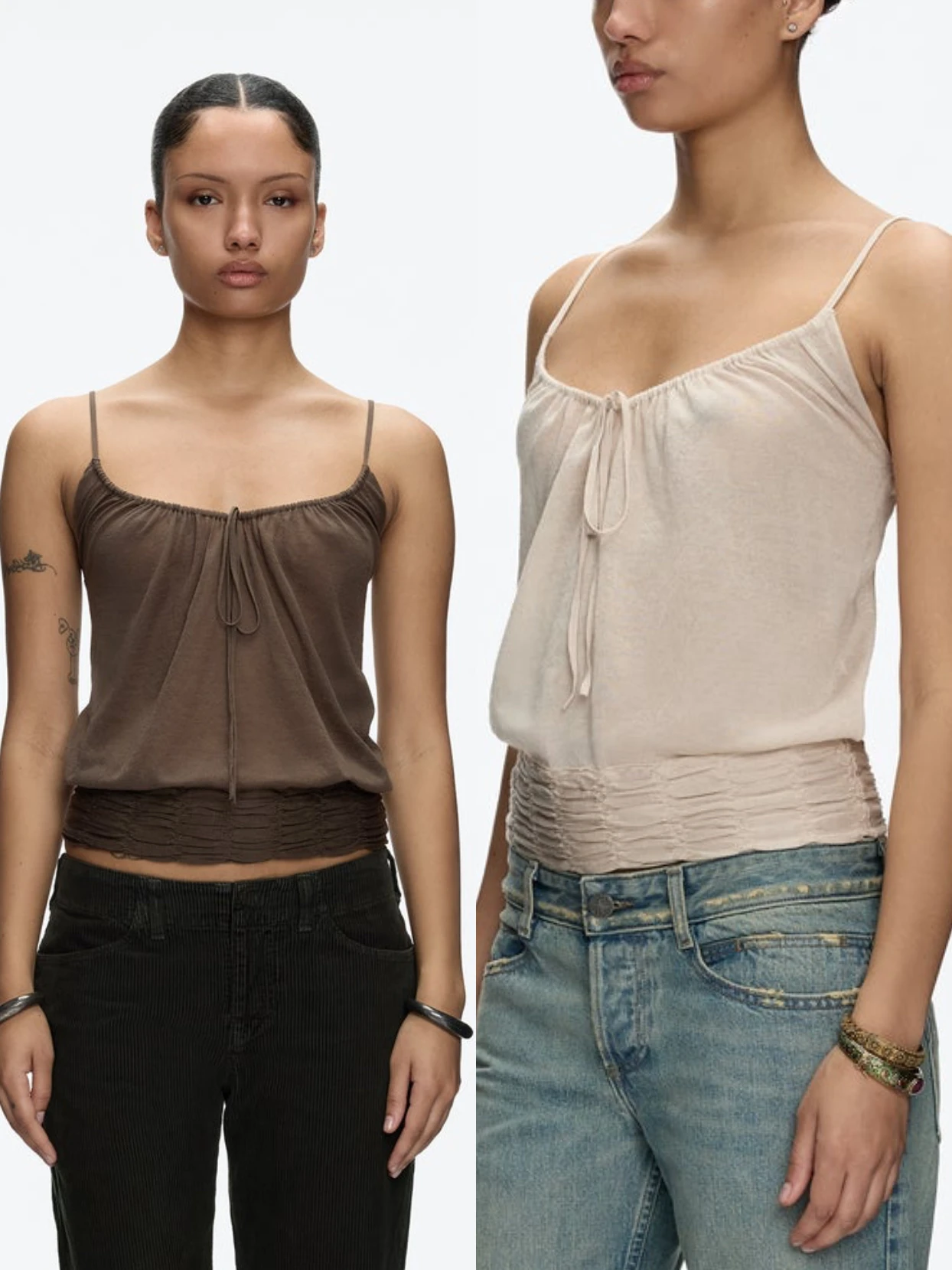 

Tank Top with Semi-Sheer Knit Spaghetti Straps, Short Sexy Top, Waist-Cinching Elastic Camisole, Adjustable Ruched Neckline Design, Casual Short Vest