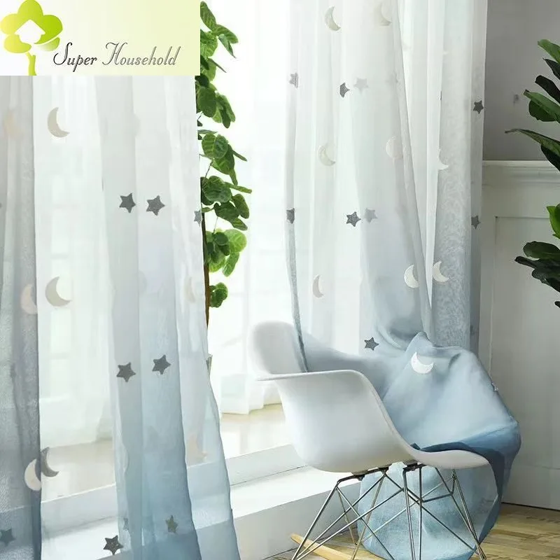 Simple Blue Gradient Embroidery Star Moon tulle Curtains for Bedroom Living Room Window Screen Voile For Kitchen Sheer Drapes