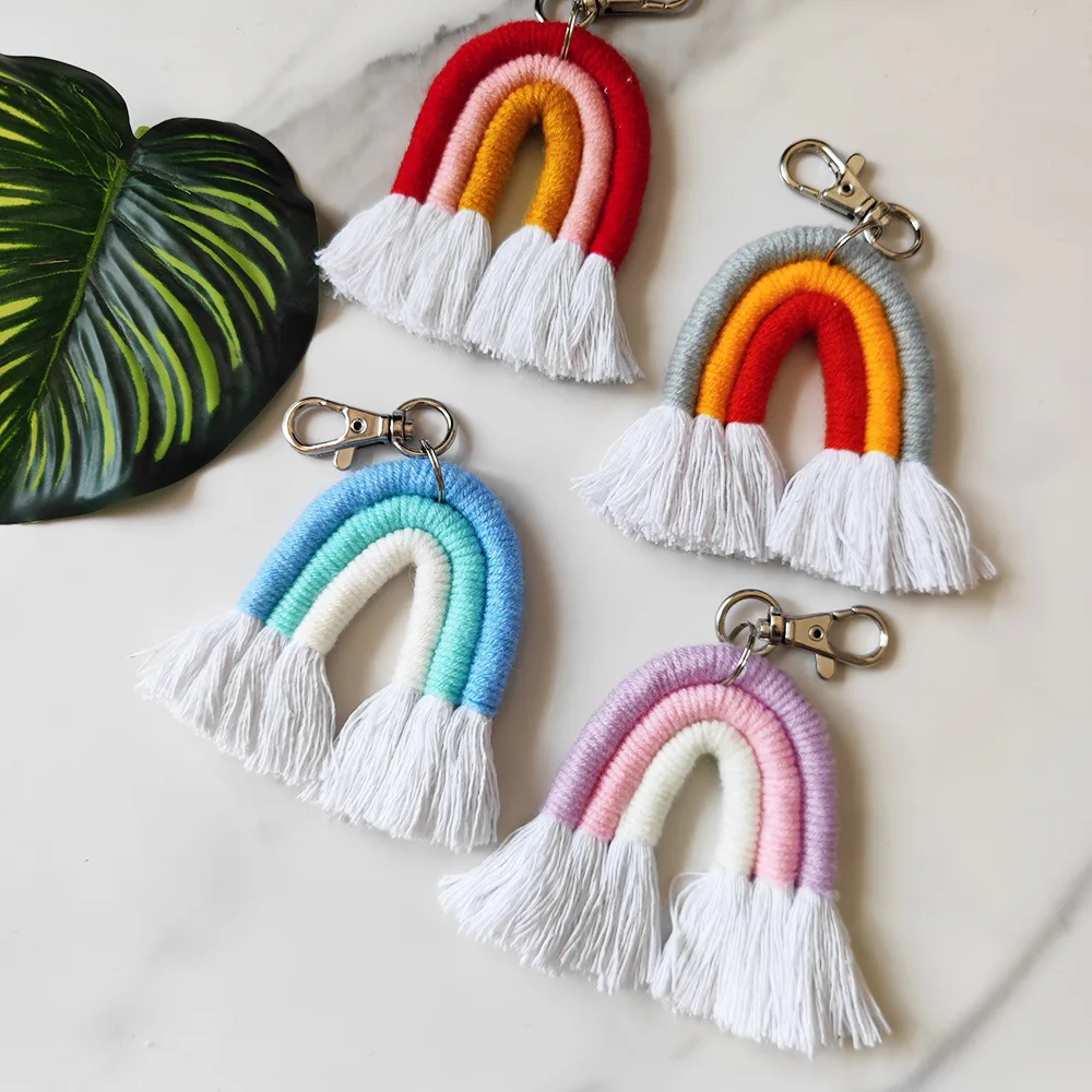 Handmade Weaving Rainbow Keychains For Women Macrame Rainbow Pendant Boho key Holder Keyring Bag Charm Car Hanging Jewelry Gifts