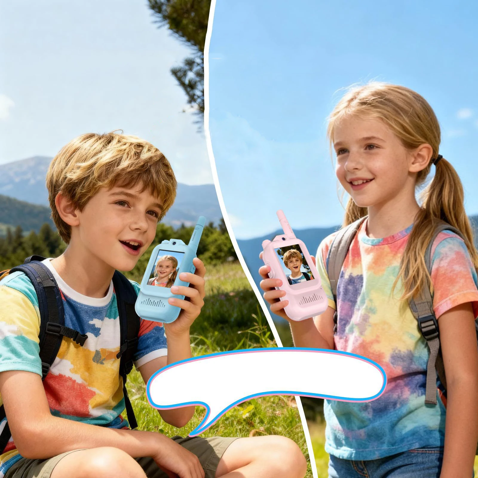 Pacote com 2 Brinquedos de Walkie Talkie para Crianças com Câmera HD e 3 Mudadores de Voz, Interfone Recarregável para Uso em Brincadeiras Internas