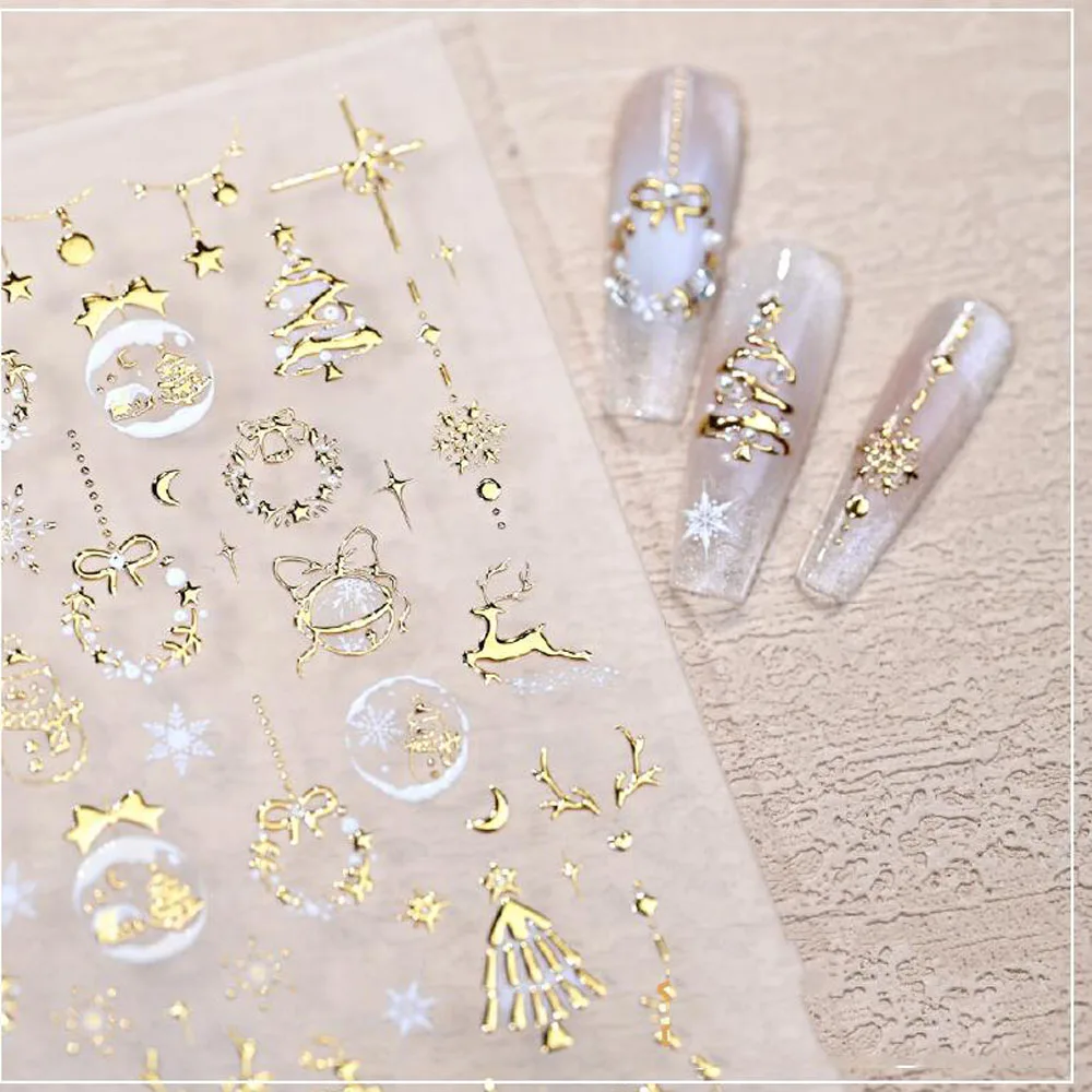 5D Bronzing Gold Christmas Nail Art Sticker Embossed Relief Snowflake Deer Nail Decals Xmas New Year Manicure Decoration Sticker