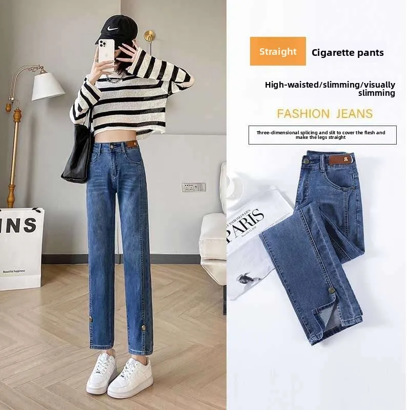 

Летние эластичные прямые джинсы для женщин, большие размеры, свободные новые свободные джинсы с высокой талией синего цвета, искусственная ткань, бренд Cleanfit, без реistra...