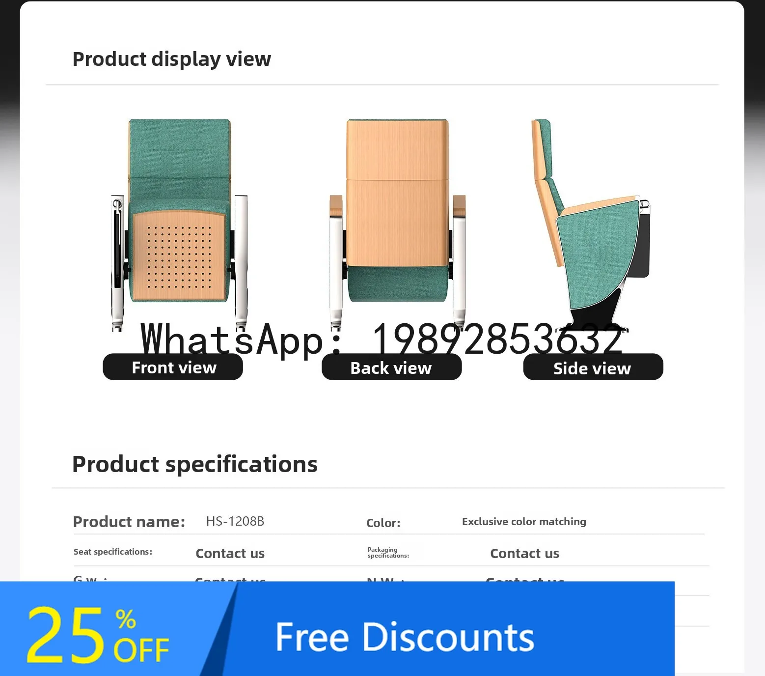 

BF Polished Aluminum Alloy Auditorium Lecture Hall Chair Cinema Theater Meeting Room Seat Row Chair