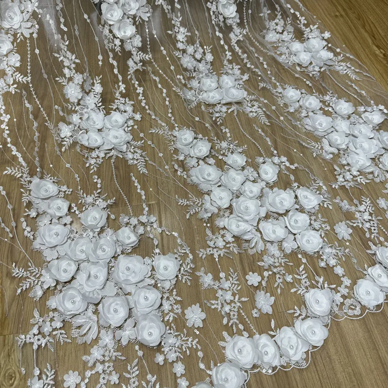 

European Embroidery Flower Nail Bead Sequin Lace Fabric for Handmade Wedding Materials Cloth DIY By The Meter Sewing Material