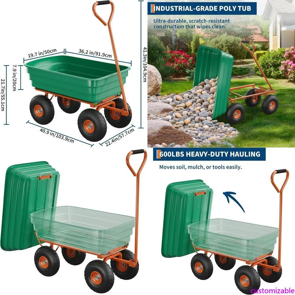 

Сверхмощная 4-кубическая садовая тележка с грузоподъемностью 600 фунтов, 10 неплоских шин и 180 шт. ° Поворотная ручка, устойчивая к ржавчине P.