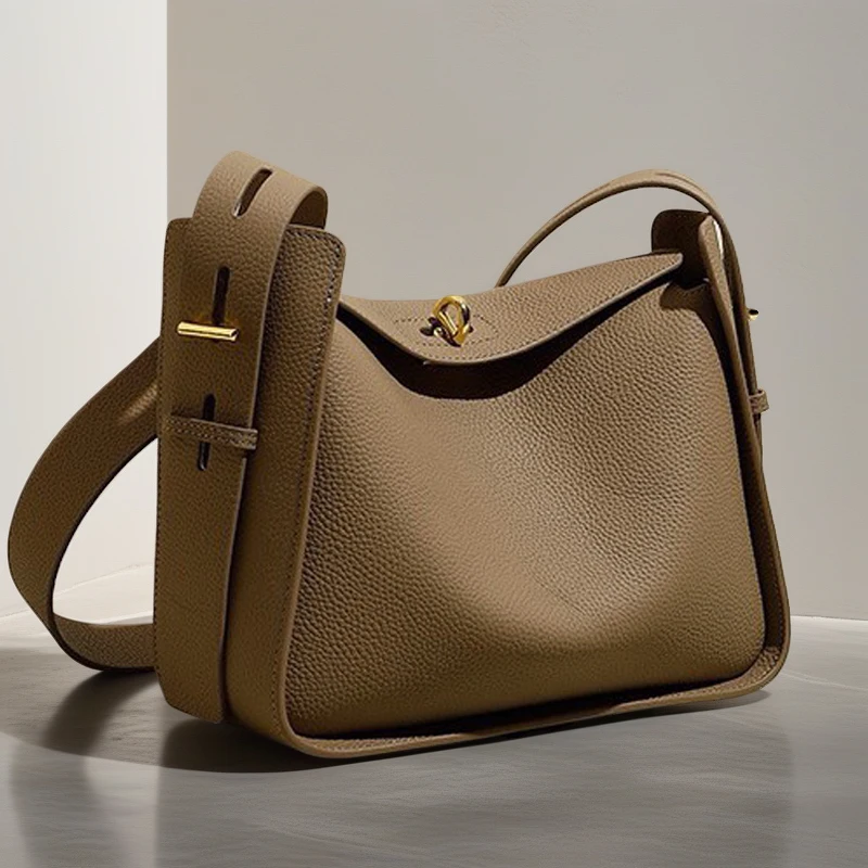 

Genuine Leather Shoulder Bag for Women Wide Strap Crossbody Purse Large Capacity Handbags Trendy Designer Style Cowhide
