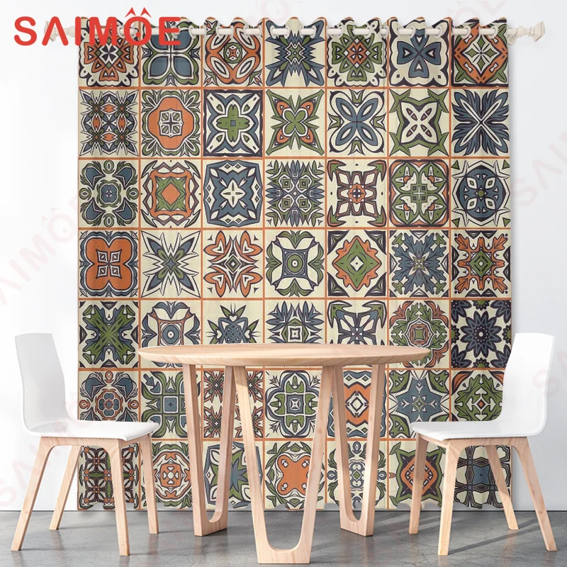 Bohemian Retro Ethnic Square Sheer Curtains Living Room Window  Curtains For Bedroom Kitchen Living Room Home Decoration Drapes