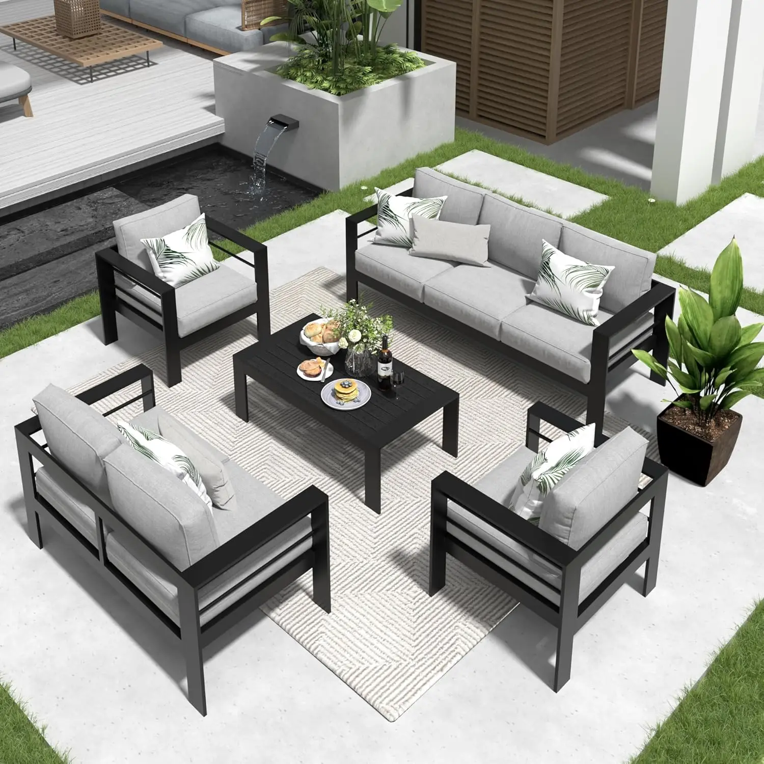 

Aluminum Patio Furniture Set,7 Seats Modern Outdoor Conversation Set Sectional Sofa with Upgrade Cushion and Coffee Table,Black